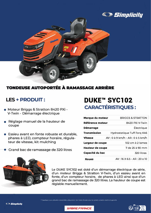 SIMPLICITY
Tondeuse autoportée Duke™ RD SYC102 - ARG Motoculture services