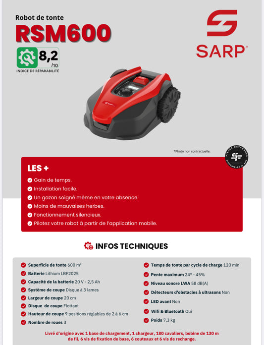 SARP
Robot de tonte - Largeur de coupe de 20 cm - 3 Roues 600