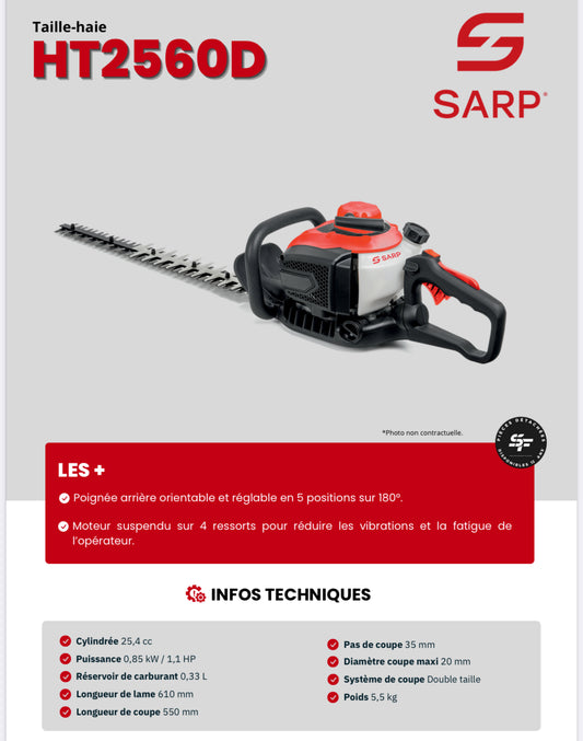 SARP
Tailleuse double taille - 25.4cc - Longueur de coupe 550 mm - Easy start