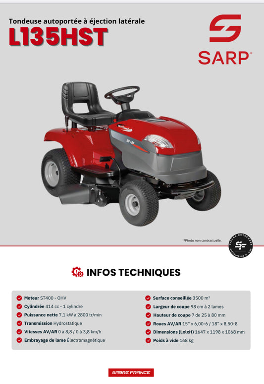 SARP
Tondeuse autoportée - Moteur ST400 414cc - Boite Hydrostatique - 98 cm de coupe