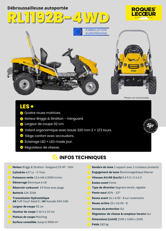 ROQUES ET LECOEUR
Débroussailleuse autoportée 4 roues motrices - Moteur Briggs & Stratton 627cc - 92 cm de coupe