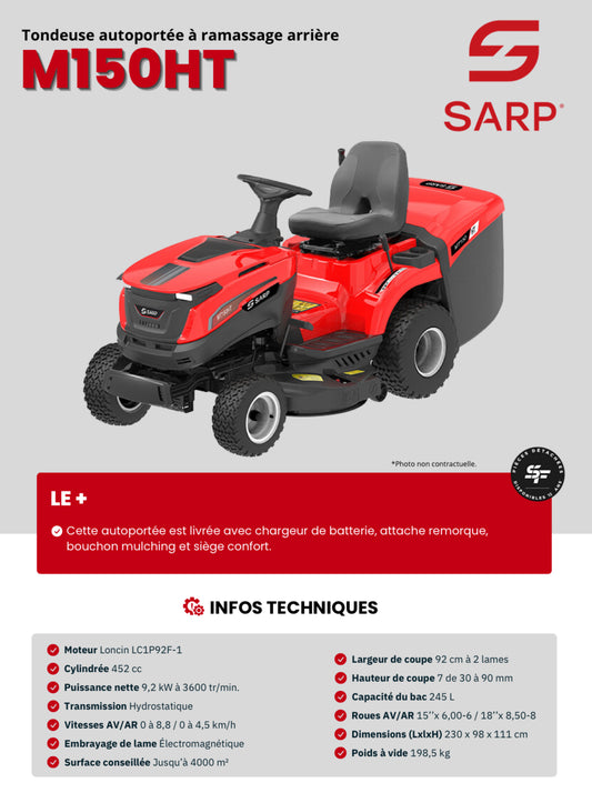 SARP
Tondeuse autoportée - Moteur Loncin de 452 cc - Boite Hydrostatique - 92 cm de coupe