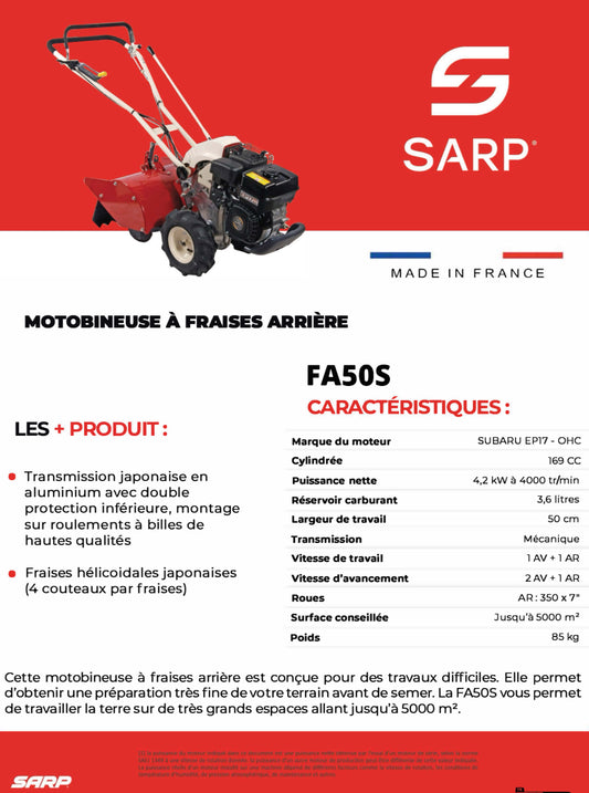 SARP
Motobineuse à fraises arrière - Moteur Subaru 169cc - 50 cm