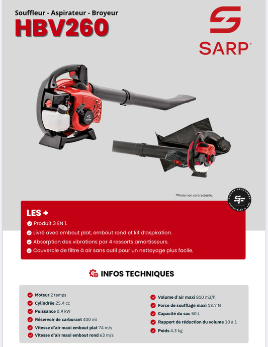 SARP
Souffleur aspiro-broyeur - Moteur SARP 25.4 cc - 810 m3/min