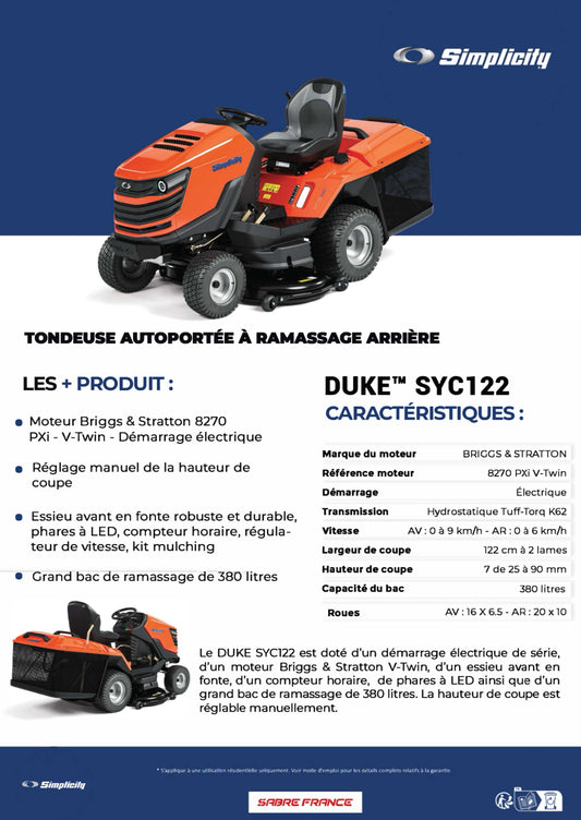SIMPLICITY
Tondeuse autoportée Duke™ RD SYC122 - ARG Motoculture services
