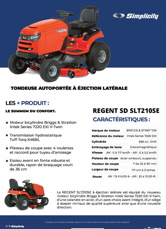 SIMPLICITY
Tondeuse autoportée SLT210 Regent™ - ARG Motoculture services
