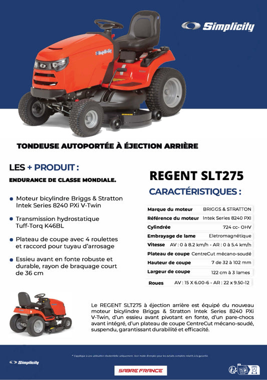 SIMPLICITY
Tondeuse autoportée SLT275Regent™ - ARG Motoculture services
