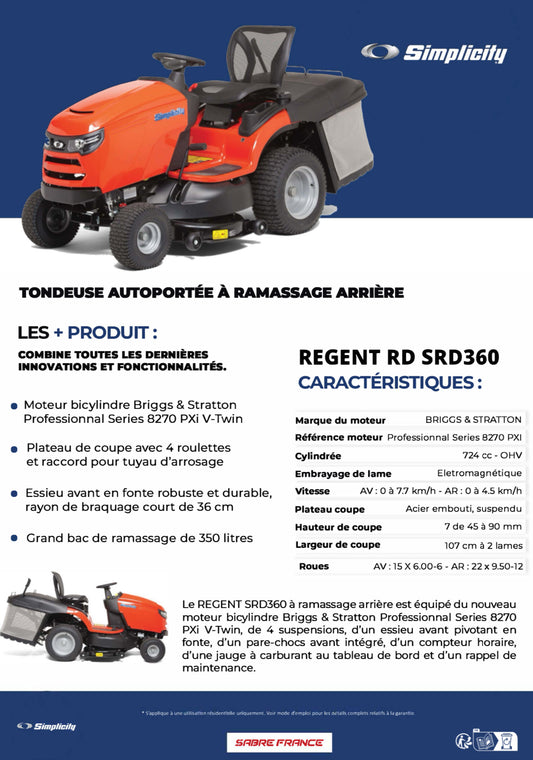 SIMPLICITY
Tondeuse autoportée SRD360 Regent™ - ARG Motoculture services