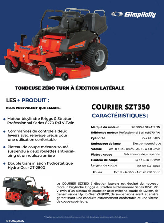 SIMPLICITY
Tondeuse Zéro-Turn SZT350 Courier™ - ARG Motoculture services