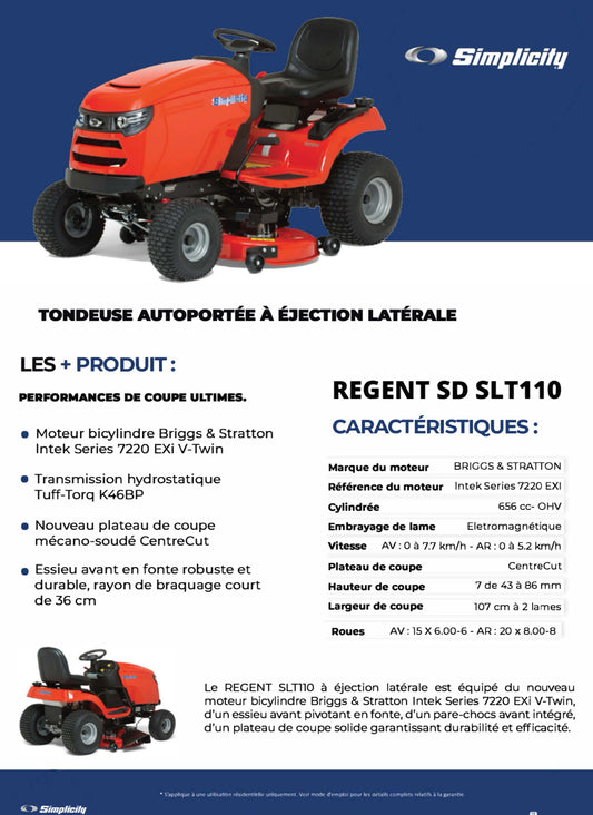 SIMPLICITY
Tondeuse autoportée STL110 Regent™ - ARG Motoculture services