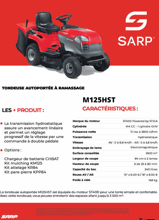 SARP
Tondeuse autoportée - Moteur ST400 414cc - Boite Hydrostatique - 84 cm de coupe