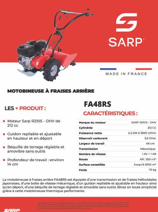 SARP
Motobineuse à fraises arrière - Moteur Sarp 212 cc - 48 cm