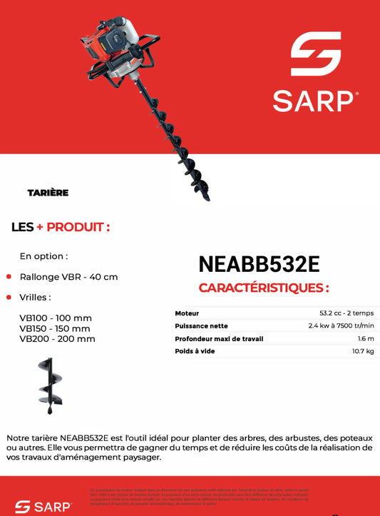 SARP
Tarière nue - Moteur 53.2cc - 1.6 m de travail