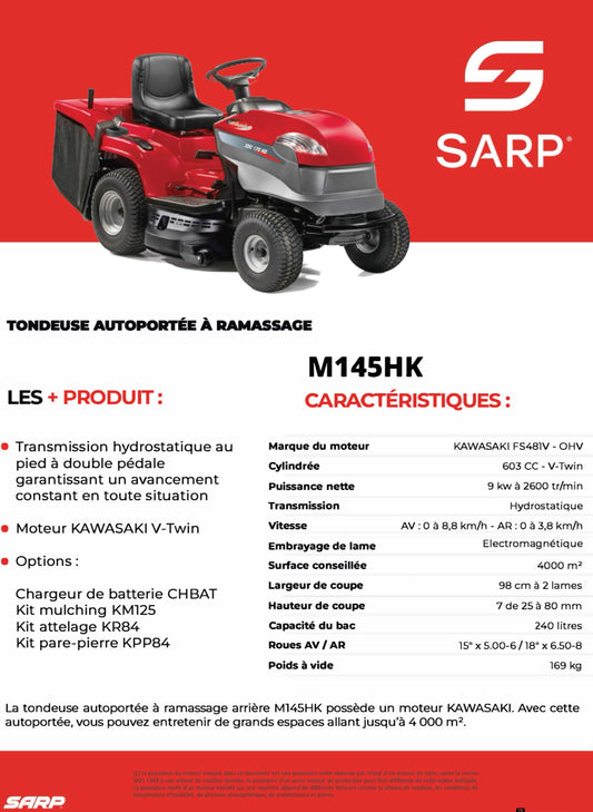 SARP
Tondeuse autoportée - Moteur Kawasaki 603cc - Boite Hydrostatique - 98 cm de coupe