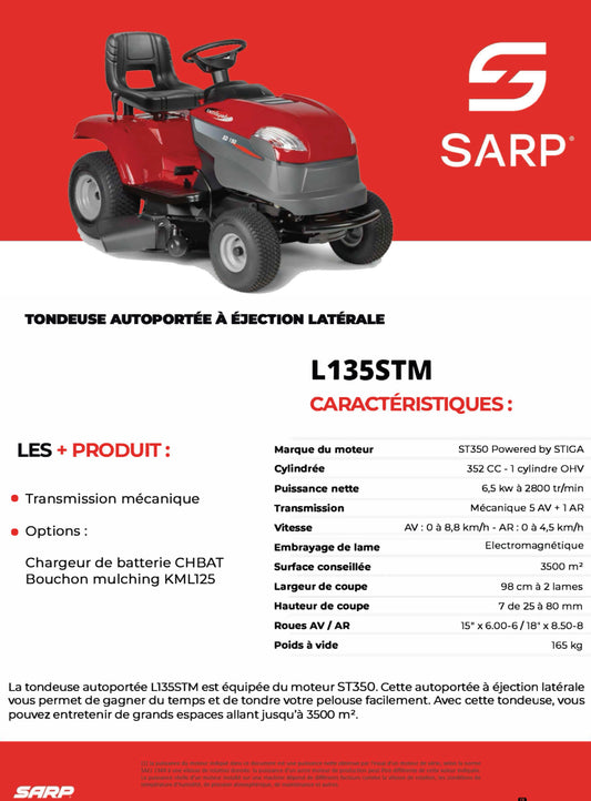 SARP
Tondeuse autoportée - Moteur ST350 352cc - Boite mécanique 5AV + 1AR - 98 cm de coupe
